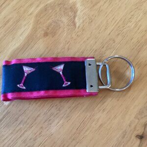 Preppy Ribbon Key Fob Key Chain Wristlet Martini Cocktail Design Pink Navy